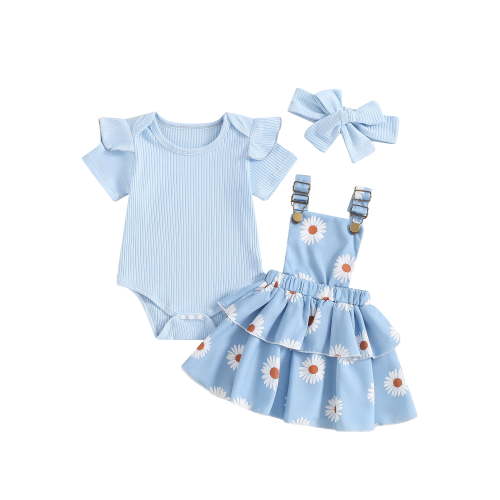 Suagox Baby Girls Spring Outfits Short Sleeve Ribbed Romper + Suspender Skirt + Headband Set Newborn 3 Piece Clothes for 0-18 Months Baby