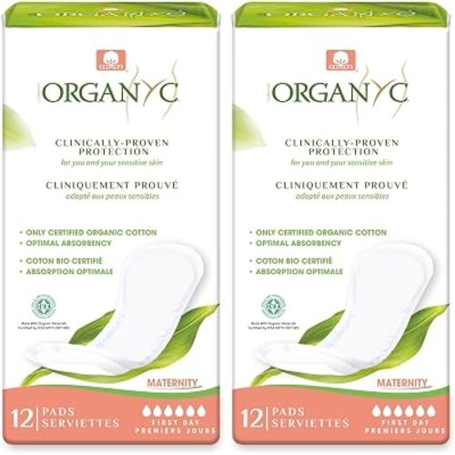 Organyc 100% Certified Organic Cotton Hospital Postpartum Pads for Women for First Days After Delivery, 12 Counts (Pack of 2)