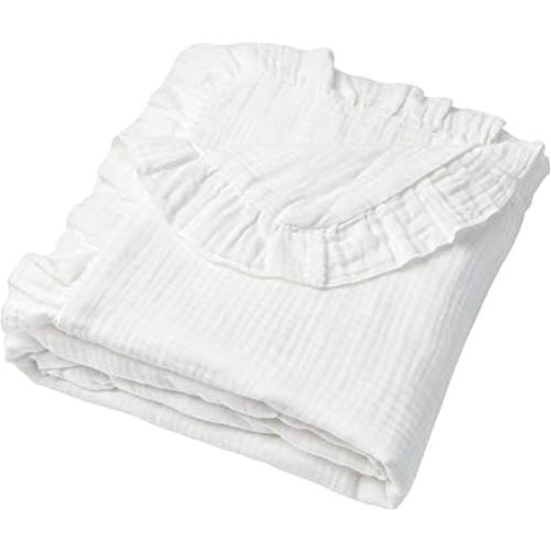 Ruffled Baby Blanket for Boys Girls,100% Cotton Muslin Reversible Double‑Sided Swaddle,Breathable Ultra‑Lightweight Nursery Stroller Cover,40"×36" (White)