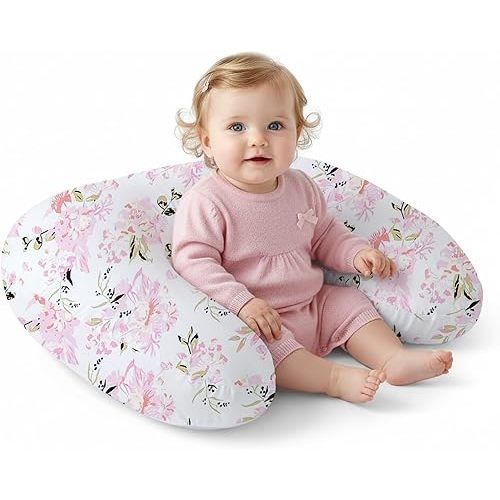 Little Grape Land Nursing Pillow, Upgraded Breast Feeding Pillow for Mom, Breastfeeding Bottle Feeding for 0–16 Months, Machine Washable Cover with Firm Breathable Filling for Tummy Time, Rose Floral