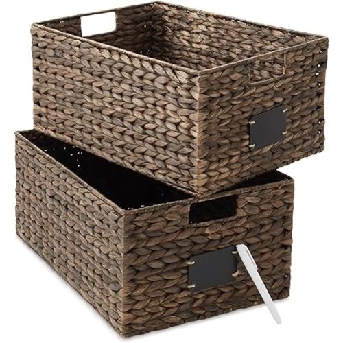 Casafield Set of 2 Water Hyacinth Pantry Baskets, 12-1/2" x 17" x 8", with Chalkboard Labels and Chalk Marker - Espresso, Woven Storage Bin Organizers for Kitchen Shelves