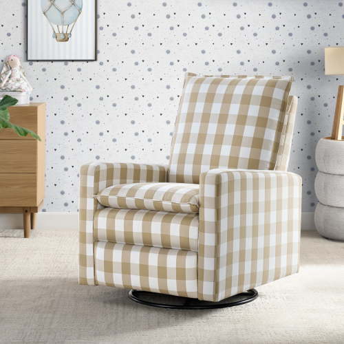 Soho Baby Coventry Upholstered Glider Recliner Rocking Chair 360° Swivel for Nursery and Living Room – Gingham Tan
