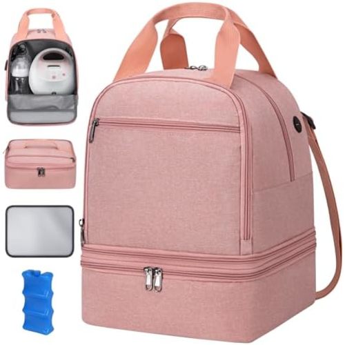 Pump Bag, Breast Pump Carrying Bags with Ice Pack & Waterproof Mat, Breast Pump Bag Compatible with Spectra S1 S2, Pumping Bags Milk Bottle Cooler for Work Travel Camping, Pink