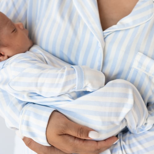 Long-Sleeved Women's Pajama Set in Small Mist Stripe with Cloud Trim