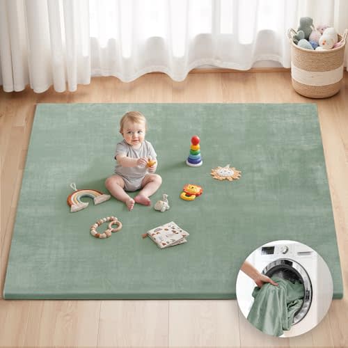 Blissful Diary Ultra Soft Baby Play Mat, 71x59 Extra Large Floor Mat with Removable & Washable Slip-On Cover for Babies and Toddlers, Sage Green