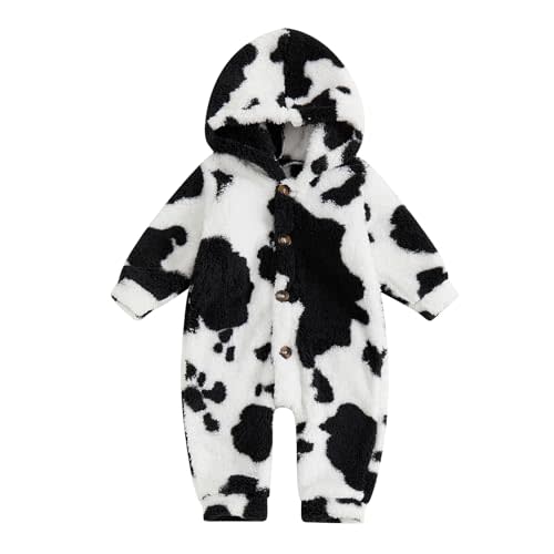 Newborn Boys Girls Fleece Western Jumpsuit Long Sleeve Button Zebra Cow Print Hooded Romper Infant Baby Winter Clothes
