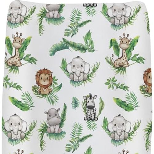 Jungle Safari Animals Green Tropical Leaves Changing Pad Covers for Baby Girl Boy Elephant Hippo Zebra Giraffe Fitted Change Table Mats African Animal Soft Diaper Change Table Cover Sheets 32''×16''