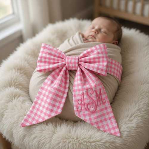 Personalized Baby Name Embroidered Newborn Bow Sash, Monogram Baby Bow Sash, Gingham Bow Swaddle, Sash For Baby Picture, Baby Shower Gift