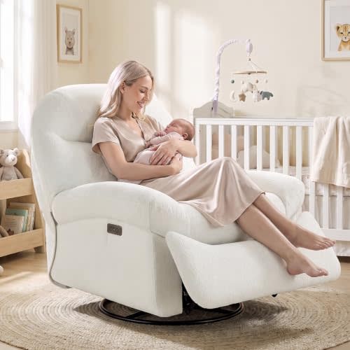 VANOMi Power Nursery Glider Rocking Chair, Oversized 270° Swivel Recliner Chair with USB & Type-C Ports, Soft Chenille Upholstered Nursery Chair for Living Room, Bedroom, Nursing