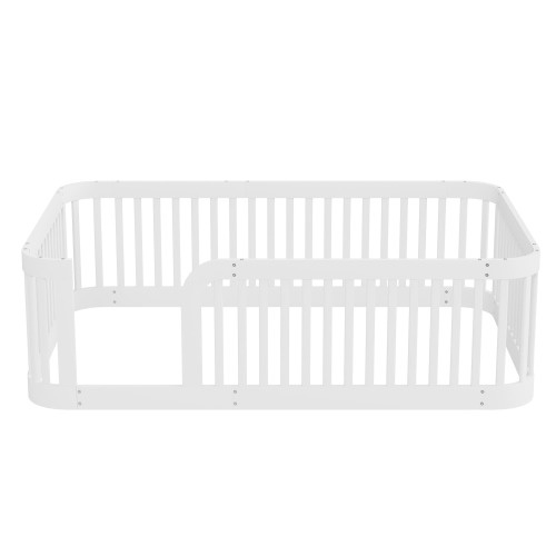 Curved Corner Wood Frame Floor Bed Montessori Toddler Bed with Tall Fence