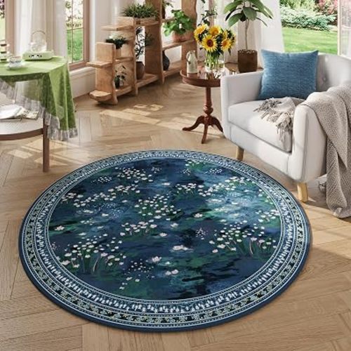 Rugcomf Circle Rug Impressionist-Style Vintage Round Rug 6ft Non Slip Low Pile Small Circular Rug for Bedroom Bathroom Entryway Kids Room Office College Dorm, Blue