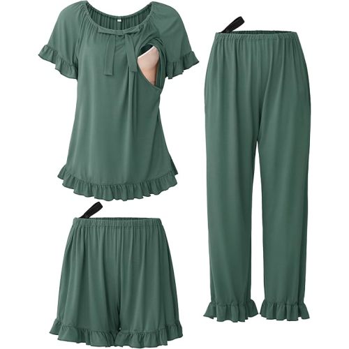 SUNNYBUY 3Pcs Ruffle Trim Postpartum Nursing Pajamas Set with Bowknot, Maternity Breastfeeding PJS Pregnancy Sleepwear