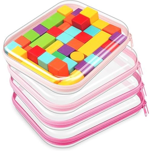 Hoolerry 4 Pcs Hard Clear Zipper Case Makeup Bags Plastic Zipper Pouch Transparent Storage Box Containers for Cosmetics, Snacks, Building Blocks, Puzzles(Clear,9.8 x 7.9 x 2 in,Pink)