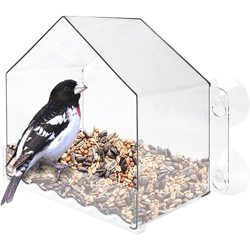 Nature's Way Win-3 Clear View Window Bird Feeder with Strong Suction Cups, Transparent Outdoor Wild Bird Seed Feeder and Décor, 2 Cup Capacity, Clear, 6.5"