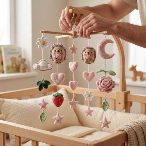 Handmade Hedgehog Baby Mobile, Strawberry & Flower Crib Mobile, Boho Nursery Decor, Crochet Baby Mobile, Custom Baby Gift