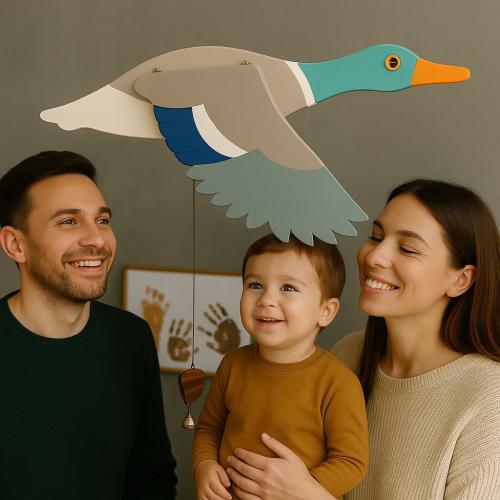 Handmade Wooden Duck Mobile: Flying Bird Toy with Moving Wings