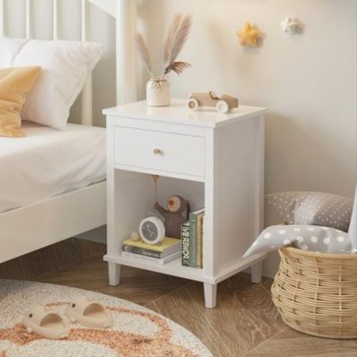 FONTOI Nightstands, Wood Nightstand with Drawer and Shelf for Kids' Room Bedroom Nursery, White, 14.96"*26.77"*19.68"