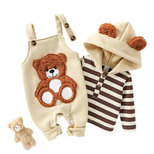 Embroidered Bear Overalls Set | Striped Hooded Baby Outfit 2PCS | Cozy Toddler Gift
