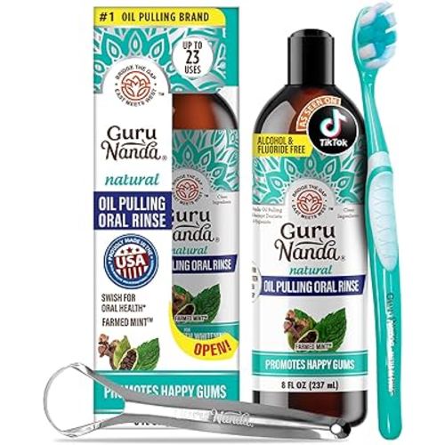 GuruNanda CocoMint Oil Pulling Mouthwash for Complete Oral Hygiene, 7 Essential Oils & Vitamins for Happy Teeth & Gums & Fresh Breath , Alcohol-Free, 8 oz