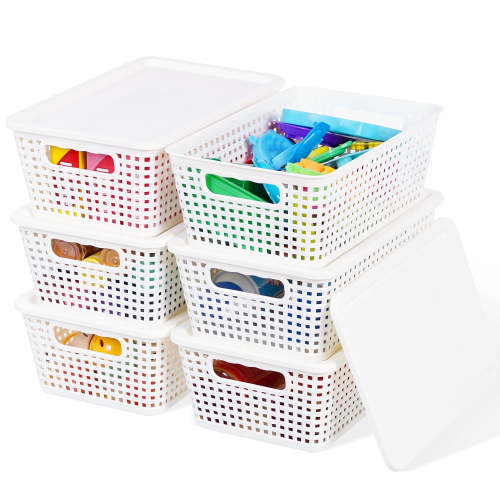 Plastic Storage Baskets With Lid Organizing Container Lidded Knit Storage Organizer Bins for Shelves Drawers Desktop Closet Playroom Classroom Office 6 Pack