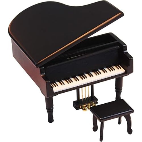 ANGEL MELODY Wooden Grand Piano Music Box Mechanism with Bench and Metal Pedal, Ring Storage Box Wind up You are My Sunshine Musical Boxes Birthday Gifts for Her, Kids, Daughter, Boys, Girls, (Black)