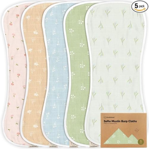 5-Pack Muslin Burp Cloths Baby Boy, Girl - Very Absorbent Baby Burp Cloth Rags, 8-Layers Viscose Derived from Bamboo Cotton Muslin Towel, Super Soft Spit Up Rags, No Shrink Washcloths (Wild Bloom)