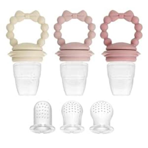 PandaEar 3 Pack Baby Fruit Food Feeder Pacifier with 3 Different Sized Pouches, Silicone Teether for Purees & Breast Milk, BPA Free Infant Solid Food Essentials for Babies 3-12 Months (Bow Series)
