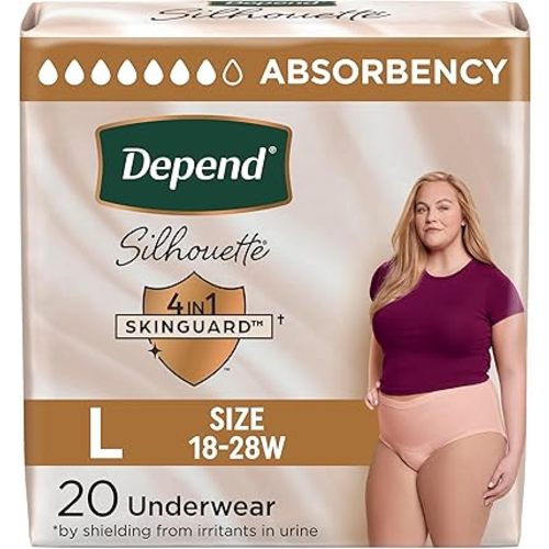 Depend Silhouette Adult Diapers, Incontinence & Postpartum Bladder Leak Underwear for Women, Maximum Absorbency, Large, Pink, 20 Count, Packaging May Vary