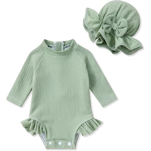 YOUNGER TREE Infant Baby Girls Swimsuit Long Sleeve Swimsuits One Piece Swimsuit Solid Color Bathing Suit with Hat, UPF 50+