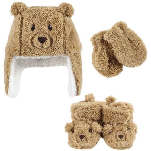 Hudson Baby Unisex Baby Trapper Hat, Mitten and Bootie Set, Tan Bear, 12-18 Months