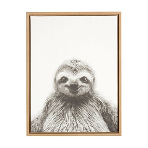 Kate and Laurel Sylvie Sloth Black and White Portrait Framed Canvas Wall Art by Simon Te Tai, 18x24 Natural