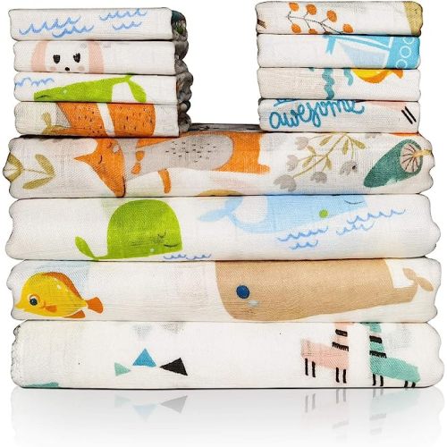 Omilion Baby Swaddle Blanket and Washcloths Set,12 Pieces Muslin Cotton Baby Swaddle Wrap and Wash Cloths Unisex for Boys and Girls, 4 Pack for 40 x 40 Inches and 8 Pack for 8 x 10 Inches