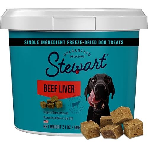Stewart 100% Beef Liver Dog Treats, 21 oz Tub, ~475 Pieces, Freeze Dried Raw, 50% Protein, Single Ingredient Training Treats or Meal Topper, Grain Free, Gluten Free