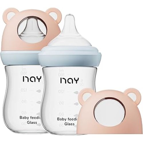 Natural Glass Baby Bottle for Breastfeeding Babies, 5.4oz Anti-Colic Baby Bottle with Natural Response Nipple(S), Clear, Wide Neck, 2 Pack, 1 Months+