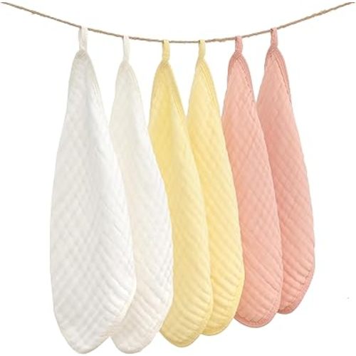 MUKIN Baby Washcloths, Soft Absorbent Cotton Burp Cloths, Burping Cloth for Newborn Sensitive Skin,12x12 inches, 6 Pack (Pink,White,Yellow)