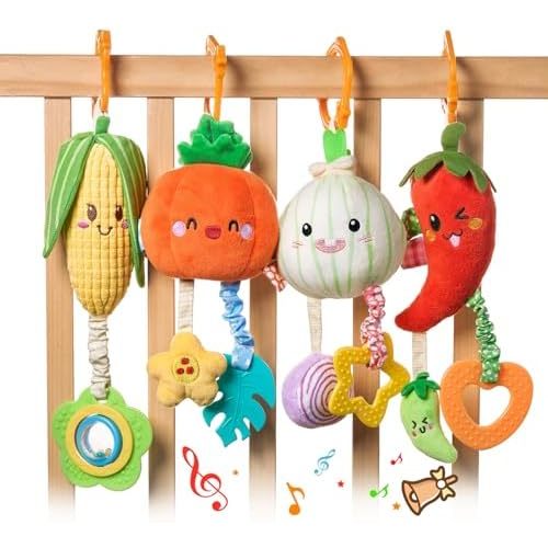TUMAMA Hanging Baby Toys,4 Pack Vegetable Crib Stroller Baby Gym Mobile Plush Toys, Early Baby Cognitive Sensory Hanging Rattle Toys with Teether. Suitable for Babies 0, 3, 6, 9, 12 Months