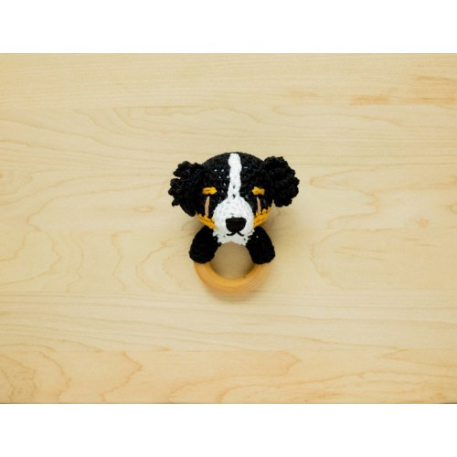 Crochet Bernese Mountain Dog Rattle Wooden Teether – baby toy, handmade to order