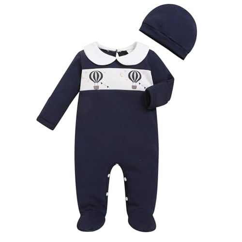 GRNSHTS Newborn Romper Coming Home Outfits Infant Girl Boy Cute Print Long Sleeve Bodysuit with Mitten, Matching Hat Jumpsuit