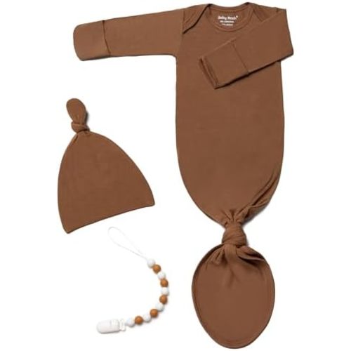 Knotted Gown Baby Newborn Hospital Outfit, Modal Infant Sleeper Gowns with Pacifier Clip and Hat Set, Nightgowns 0-3 Months
