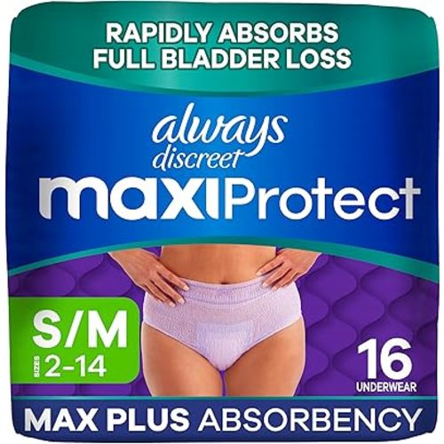 Always Discreet MaxiProtect Adult Diapers for Women, Incontinence Underwear, Scented, Postpartum Essentials, Bladder Leak Protection, Disposable Briefs, Maximum Plus Absorbency, Size L, 14 Count