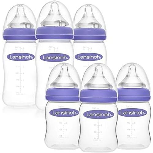 Lansinoh Anti-Colic Baby Bottles for Feeding Babies, 3 Count Each of 5 Ounces and 8 Ounces, 6 Bottles Total, includes 3 Medium Flow Nipples (Size M) and 3 Slow Flow Nipples (Size S)