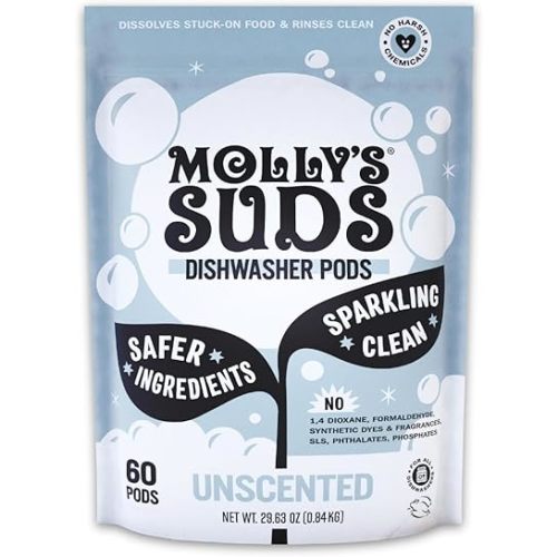 Molly's Suds Dishwasher Pods | Clean Dishwasher Detergent, Cuts Grease & Rinses Clean (Residue-Free) for Sparkling Dishes | 60 Auto-Release Tabs (Unscented)