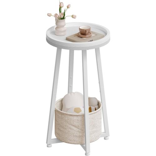 HOOBRO Small Round Side Table, 2-Tier Round Sofa End Table, Compact Nightstand with Cotton Linen Storage Basket, for Small Space, Living Room, Bedroom, Dorm, White WW183BZ01