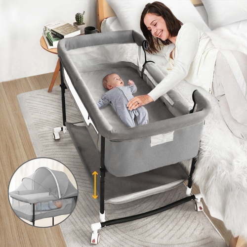 Caveen Baby Bassinet, 4 in 1 Adjustable Bedside Crib with Changing Table, Mesh, Wheels, Gray