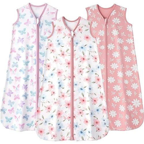 Baby Sleep Sack 0-6 months, 100% Cotton Sleeping Sack for Newborn and Infant, 3 Pack Baby Wearable Blanket, 0.5 Tog Lightweight Double Zipper Sleep Bag Small Pink Butterfly Flower