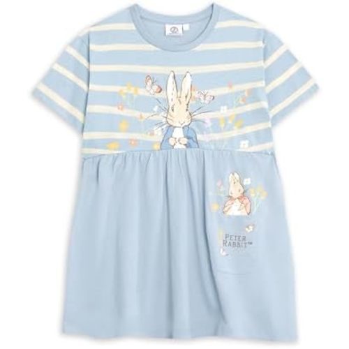 Peter Rabbit Girls Light Blue Stripey Dress | Crew Neck Short Sleeve Cartoon Character Print | Pocket Logo Pull-On