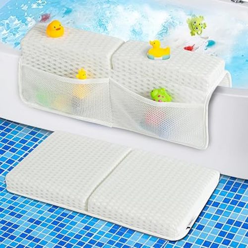 Baby Bath Kneeler and Elbow Rest Pad Set, 1.5'' Thick Quickly Dry bathtub Kneeler Pad with Baby Toys & Bath Accessories Organizer, Bath Kneeling Pad and Elbow Pad for Baby Tub,Non-Slip Bath Mat(White) - 11/17 x 22 x 1.5 Inches
