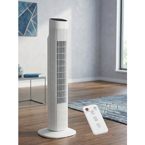 Uthfy Tower Fan for Bedroom, 120° Oscillating Standing Fan with Quiet Sleep Mode, 3 Speeds & 3 Modes, 7.5H Timer, Remote/Touch Control, Bladeless Floor Fans for Living Room, Office, White
