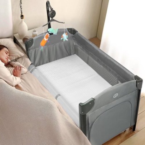 JOYMOR 3-in-1 Unisex Baby Bedside Bassinet, Convertible Portable Crib with Incline, Toy Wheels