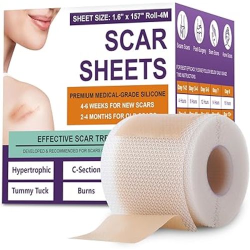 Silicone Scar Sheets,Silicone Scar Tape,Silicone Scar Removal Strips for Surgical,C-Section,Tummy Tuck,Keloid Scars (1.6"X 157" Roll-4M) Keloid Bump Removal